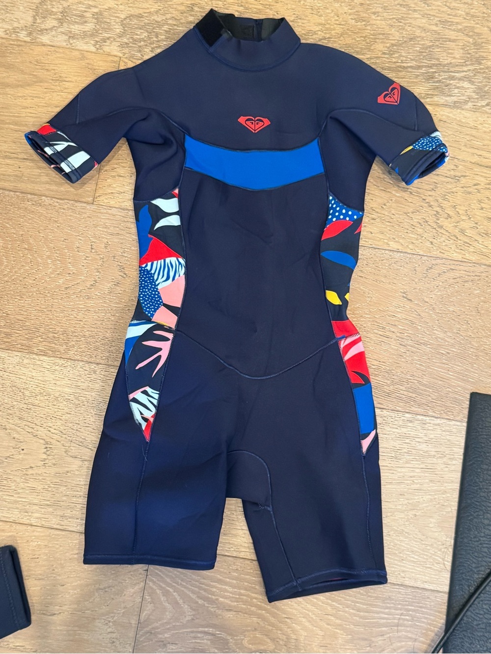 Roxy Navy Short Sleeve Kids Shortie Wetsuit with Bright Multicolor Panels